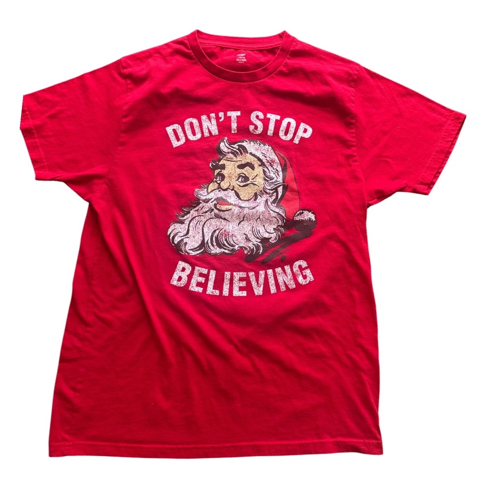 Holiday Time Mens Large Red Santa Claus Dont Stop Believing Graphic T Shirt